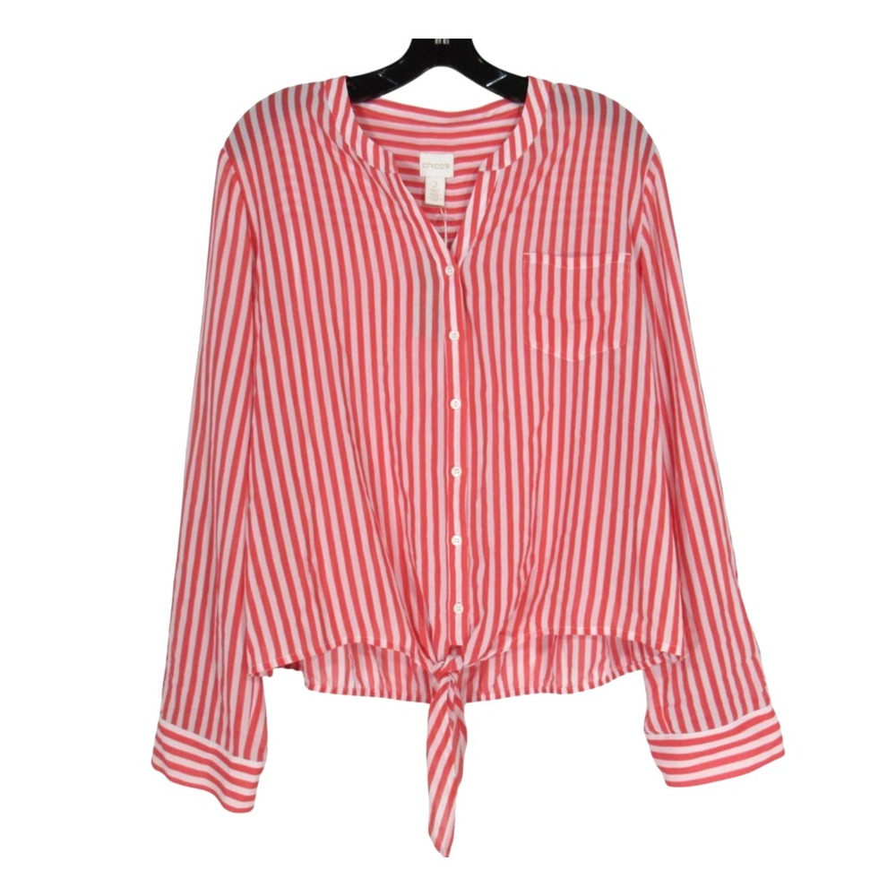 NWT CHICO'S Watermelon Fizz COOL STRIPES Georgette BUTTON-UP Blouse/Top 2/US-L